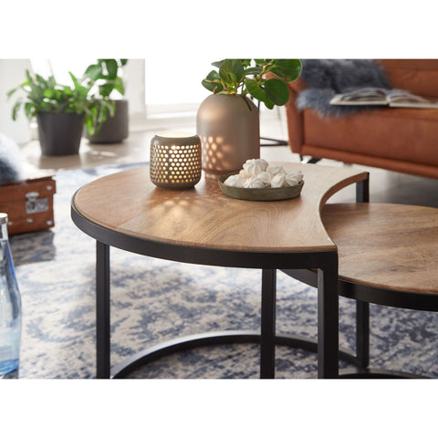 Rootz Coffee Tables - Set Of 2 - Coffee Tables - Round Tables - Brown - Black - Solid Mango Wood - Metal