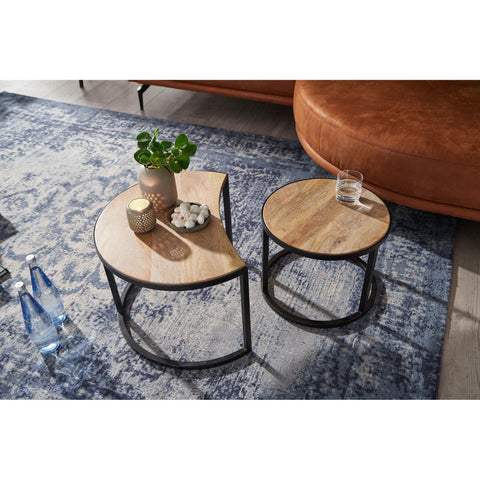 Rootz Coffee Tables - Set Of 2 - Coffee Tables - Round Tables - Brown - Black - Solid Mango Wood - Metal