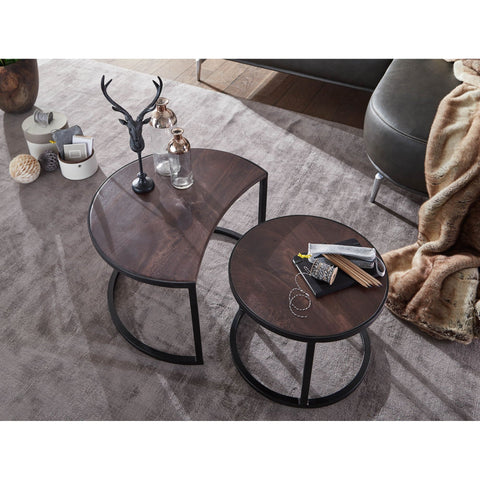 Rootz Coffee Tables - Set Of 2 - Coffee Tables - Round Tables - Brown - Black - Solid Mango Wood - Metal