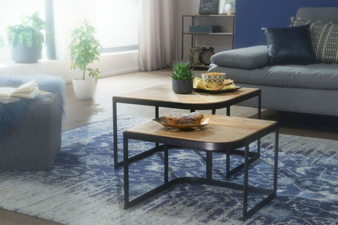 Rootz Coffee Tables - Light Living Room Table - Industrial Nesting Side Table with Black Metal Legs - 2-Piece Wooden Placemat Nesting Tables - Set of 2 Mango Wood and Metal