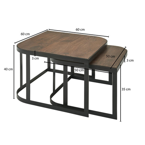 Rootz Coffee Tables - Dark Industrial Living Room Tables - Black Metal Leg Nesting Side Tables - 2-Piece Wooden Placemat Nesting Tables -  Set of 2 Mango Solid Wood and Metal