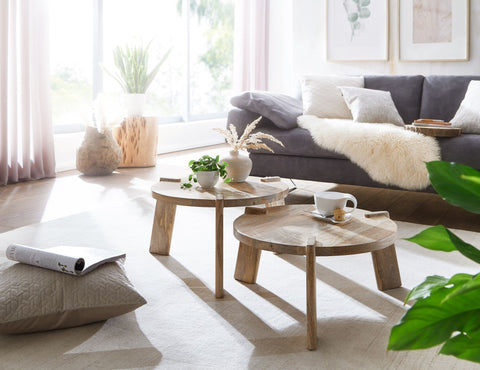 Rootz Living Room Tables - Round Nesting Side Table - 2-Piece Placemat Coffee Table Set - Light Mango Solid Wood