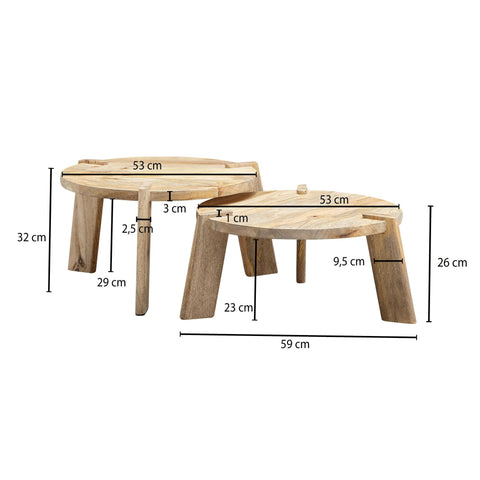 Rootz Living Room Tables - Round Nesting Side Table - 2-Piece Placemat Coffee Table Set - Light Mango Solid Wood