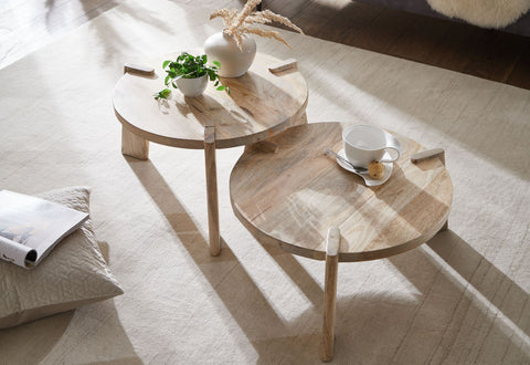Rootz Living Room Tables - Round Nesting Side Table - 2-Piece Placemat Coffee Table Set - Light Mango Solid Wood