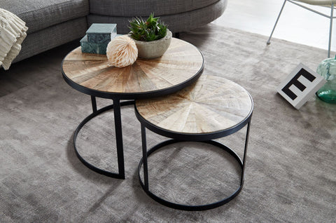 Rootz Nesting Tables - Round Design - Set of 2 Brown Coffee Table with Metal Legs - 2-Piece Placemat Nesting Table in Wood and Black Metal - Mango Solid Wood