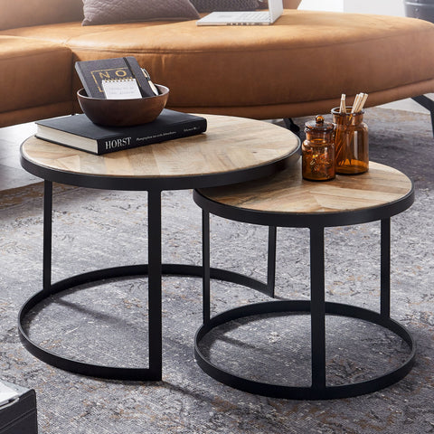 Rootz Coffee Tables - Set Of 2 - Coffee Tables - Round Tables - Brown - Black - Solid Mango Wood - Acacia Wood - MDF
