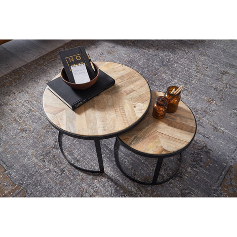Rootz Coffee Tables - Set Of 2 - Coffee Tables - Round Tables - Brown - Black - Solid Mango Wood - Acacia Wood - MDF