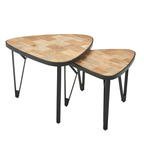 Rootz Nesting Tables - Triangular Design - Set of 2 Brown Coffee Table with Metal Legs - 2-Piece Placemat Nesting Table in Wood and Black Metal - Mango-Acacia Solid Wood