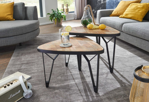 Rootz Nesting Tables - Triangular Design - Set of 2 Brown Coffee Table with Metal Legs - 2-Piece Placemat Nesting Table in Wood and Black Metal - Mango-Acacia Solid Wood