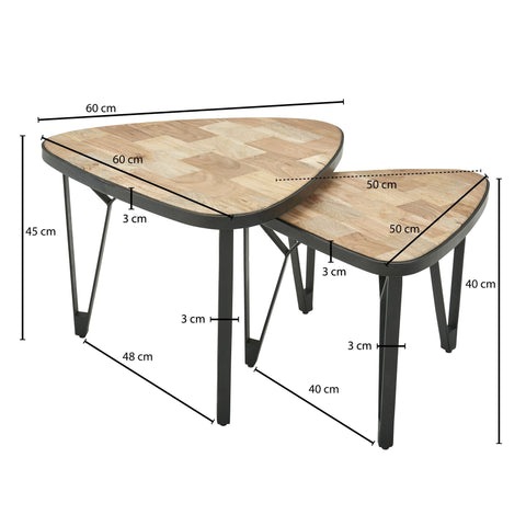 Rootz Nesting Tables - Triangular Design - Set of 2 Brown Coffee Table with Metal Legs - 2-Piece Placemat Nesting Table in Wood and Black Metal - Mango-Acacia Solid Wood