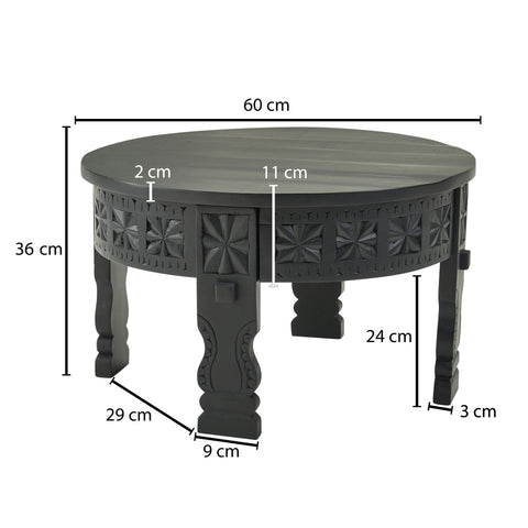 Rootz Coffee Table - Mango Solid Wood Round Table in Black - Oriental Living Room Table - Lounge Table with Solid Wood Design - 60x36x60cm
