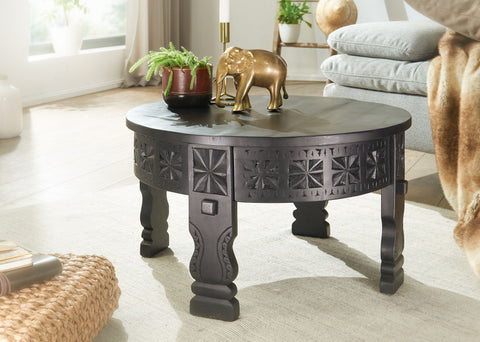 Rootz Coffee Table - Mango Solid Wood Round Table in Black - Oriental Living Room Table - Lounge Table with Solid Wood Design - 60x36x60cm