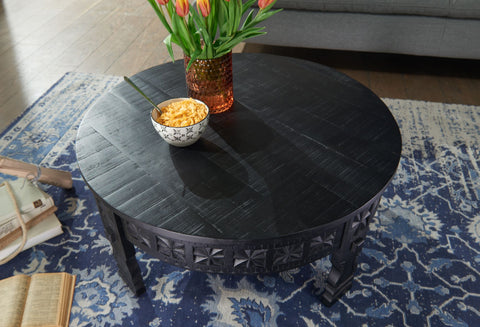 Rootz Coffee Table - Mango Solid Wood Round Table in Black - Oriental Living Room Table - Lounge Table with Solid Wood Design - 80x36x80cm