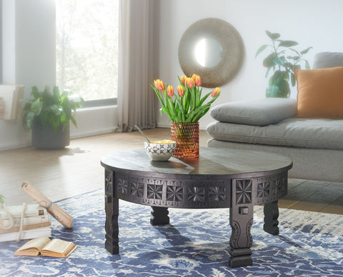 Rootz Coffee Table - Mango Solid Wood Round Table in Black - Oriental Living Room Table - Lounge Table with Solid Wood Design - 80x36x80cm