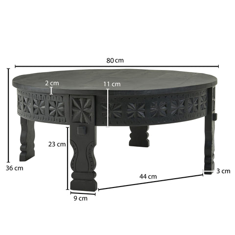 Rootz Coffee Table - Mango Solid Wood Round Table in Black - Oriental Living Room Table - Lounge Table with Solid Wood Design - 80x36x80cm