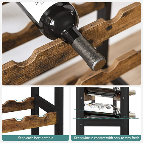 Rootz Wine Rack with Glass Holders - Wine Holder - Bottle Rack - Standing - Industrial - Brown and Black - 66 x 30 x 100 cm