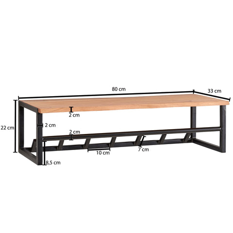 Rootz Coat Rack - Acacia Solid Wood with Metal - Hook Rail with Shelf and Clothes Rail - Wall-Mounted Cloakroom for Hall - 80x22x33cm