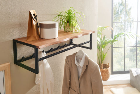 Rootz Coat Rack - Acacia Solid Wood with Metal - Hook Rail with Shelf and Clothes Rail - Wall-Mounted Cloakroom for Hall - 80x22x33cm