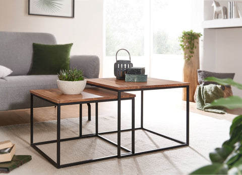 Rootz Side Tables - Metal Angular Design - Set of 2 Acacia Wood Coffee Table with Metal Legs - 2-Piece Nesting Table