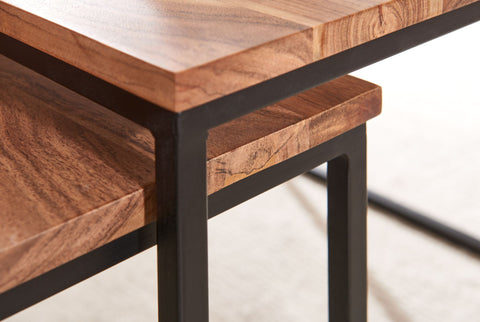 Rootz Side Tables - Metal Angular Design - Set of 2 Acacia Wood Coffee Table with Metal Legs - 2-Piece Nesting Table