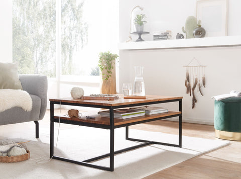 Rootz Industrial Coffee Table - Solid Wood and Metal - Acacia Living Room Table with Storage - 100x60x45 cm