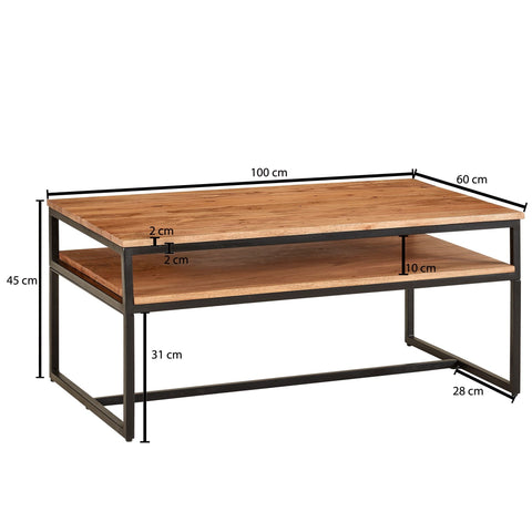 Rootz Industrial Coffee Table - Solid Wood and Metal - Acacia Living Room Table with Storage - 100x60x45 cm