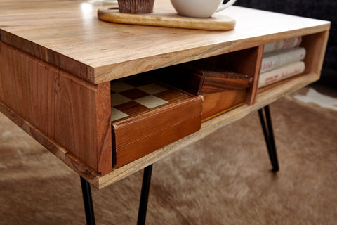 Rootz Angular Coffee Table - Acacia Solid Wood and Metal Design - Square Brown Wooden Table with Storage - 60x40x60 cm