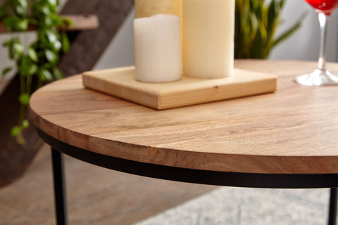 Rootz Round Coffee Table - Acacia Solid Wood and Metal Design - Stylish Small Table for Living Room - 60x60x38 cm