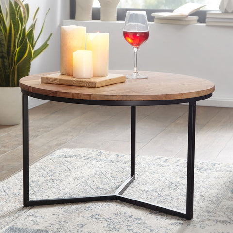 Rootz Round Coffee Table - Acacia Solid Wood and Metal Design - Stylish Small Table for Living Room - 60x60x38 cm