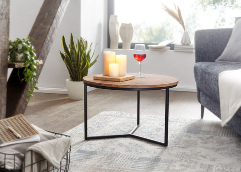Rootz Round Coffee Table - Acacia Solid Wood and Metal Design - Stylish Small Table for Living Room - 60x60x38 cm