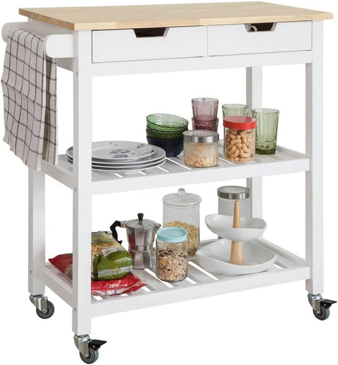 Rootz Kitchen Storage Trolley Serving Trolley Kitchen Shelf with Rubber Wood Top 2 Drawers 2 Shelves