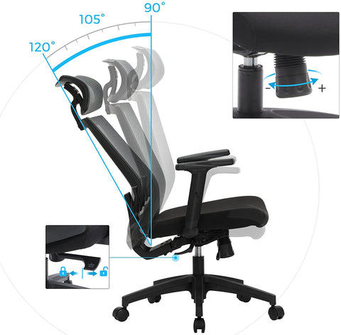 Rootz Office chair - Swivel chair - Mesh - Lumbar support - Headrest - Armrests - Cattle function - Black - Plastic - Steel - 65 x 53 x (116 - 126) cm