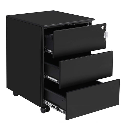 Rootz Rollcontainer - Steel Rolling Bin - Mobile Filing Cabinet - Lockable with 3 Drawers - File Storage - Office Supplies, Office, Home Office - Black