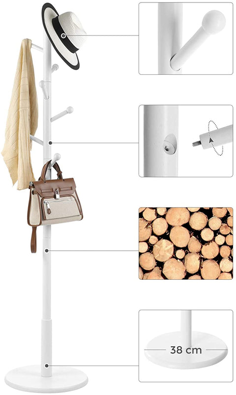 Rootz Coat Rack - Freestanding - 7 Hooks - Rounded Hooks - Solid Rubber Wood - White 38 x 38 x 175 cm