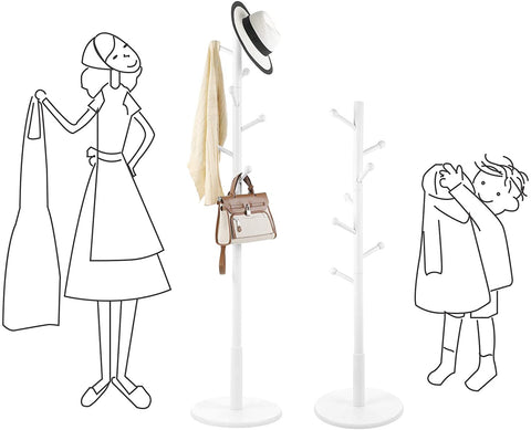 Rootz Coat Rack - Freestanding - 7 Hooks - Rounded Hooks - Solid Rubber Wood - White 38 x 38 x 175 cm