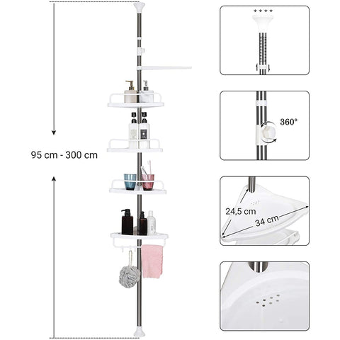 Rootz Shower Rack - Shower Shelf - Bathroom Shelf - Adjustable Height - Corner - 95-300 cm - Stainless Steel - 4 Levels - 3 Hooks - White-Silver