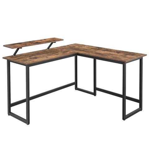 Rootz L-Shaped Desk with Screen Stand for Studying, Gaming, Working - Adjustable Legs - Metal Frame - Rustic Brown - (140 x 130 x 76/91.5 cm)