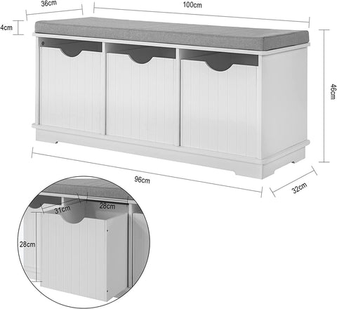 Rootz Storage Bench with 3 Drawers & Removable Seat Cushion - Shoe Storage Cabinet - White