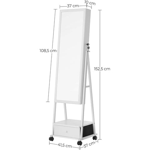 Rootz Jewelry Mirror - Mirror Cabinet - Jewelry Organizer - Drawer - On Wheels - White - MDF - 37 x 10 x 108.5 cm