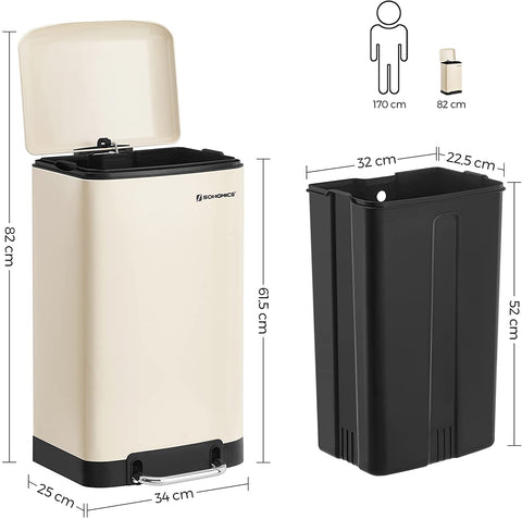Rootz Trash Can - Pedal Bin - 30L - Steel - Inner Bucket - Soft Close - Airtight - Cream White - 34 x 25 x 61.5 cm