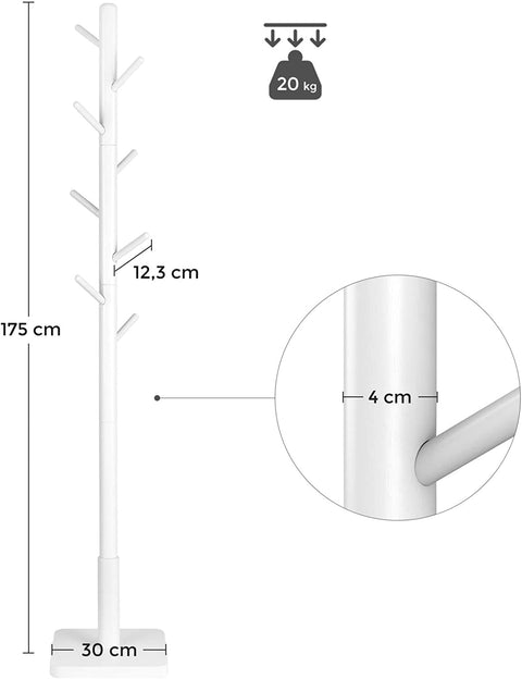 Rootz Coat Rack - Clothes Rack - Solid Wood - Tree Shape - 8 Hooks - White - Rubberwood - 30 x 30 x 175 cm