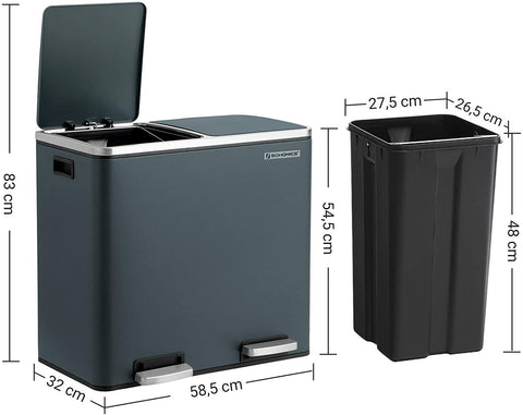 Rootz 48L Trash Can - Garbage Can - Pedal Bin - 2 Compartments - Soft Close - Inner Buckets - Foot Pedals - Handles - Black