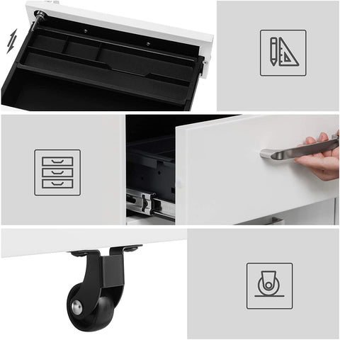 Rootz Drawer Unit - Filing Cabinet - Storage Cabinet - On Wheels - 3 Drawers - Storage Space - White - Steel - 39 x 48 x 60 cm 33 x 38 x 63 cm