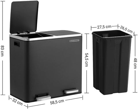 Rootz 48L Trash Can - Garbage Can - Pedal Bin - 2 Compartments - Soft Close - Inner Buckets - Foot Pedals - Handles - Black