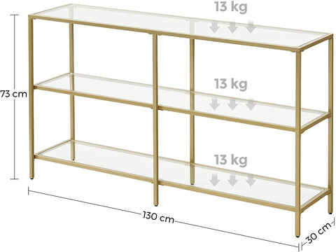 Rootz Console Table - Side Table - 3 Levels - Tempered Glass - Metal - Gold - 130 x 30 x 73.3 cm