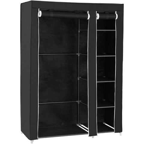 Rootz Wardrobe - Double Canvas Wardrobe - Foldable Wardrobe Closet - With Clothes Hanging Rail And Storage Shelves - Fabric Hanging Closet & Shelf - Wardrobe - Black