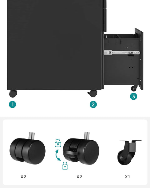 Rootz Steel Rolling Cabinet with 3 Drawers - Hanging File Lockable Office Cabinet - 52 x 39 x 60 cm