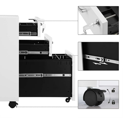 Rootz Drawer Unit - Filing Cabinet - Storage Cabinet - On Wheels - 3 Drawers - Storage Space - White - Steel - 39 x 48 x 60 cm 33 x 38 x 63 cm