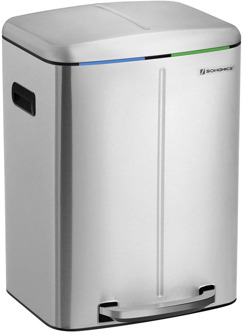 Rootz Trash Can - Waste Separation - 40 L - Pedal Bin - Metal - Handles - Softclose - Silver - 44.5 x 36 x 60 cm