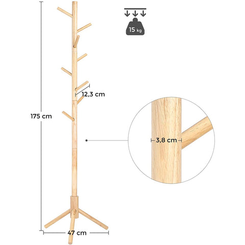 Rootz Coat Rack - Freestanding - Solid Wood - Tree Shaped - 8 Hooks - Natural Color - 47 x 47 x 175 cm